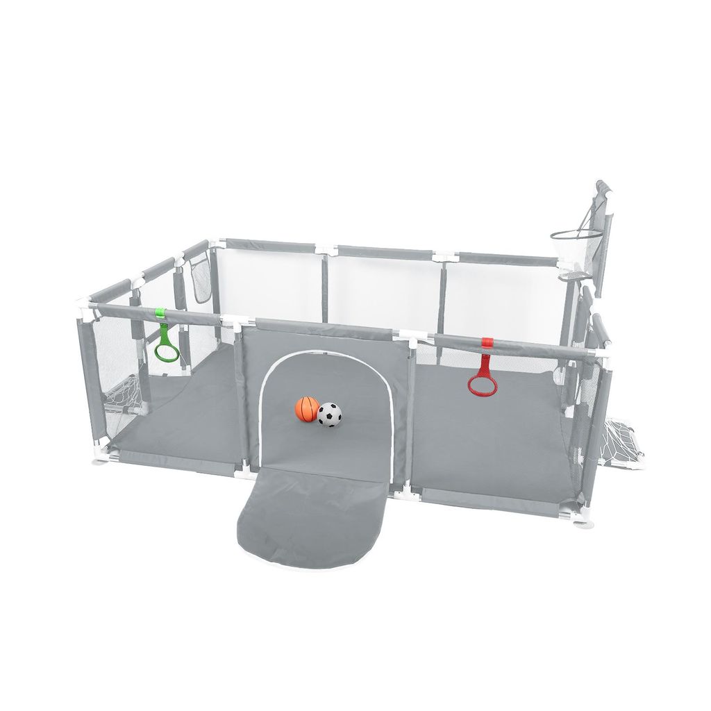 Baby Laufgitter 180*120cm Laufstall Absperrgitter mit Fußball Basketball Rutschfester Basis Dunkelgrau