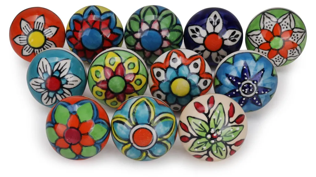 Lot de 12 Boutons de Meuble en Céramique Multicolore Style Bohème Chic