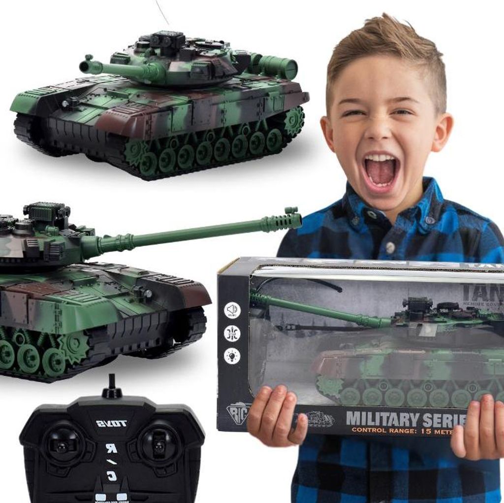 A child is excitedly holding a toy tank in its packaging, with other views of the toy tank and its remote control shown.