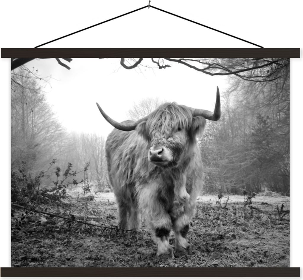 MuchoWow Textilposter Schottisches Hochlandrind - Wald - Nebel - Kuh - Tiere - Natur 120x90 cm mit schwarzem Rahmen - Aufhänger für Poster