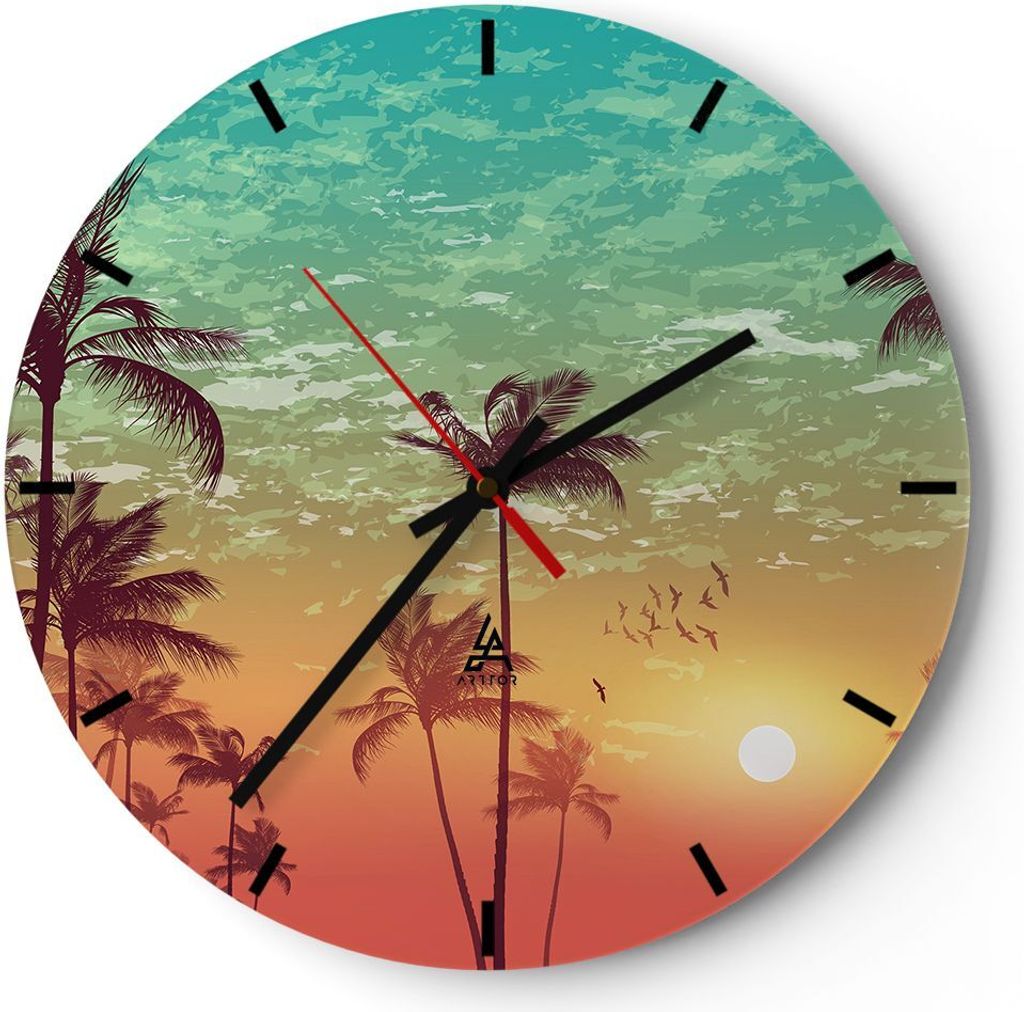 Wanduhr - Rund - Glasuhr - Horizont Küste Kokosnuss Himmel - 40x40cm - Schleichendes Uhrwerk - Lautlos - zum Aufhängen bereit - Dekoration Modern...