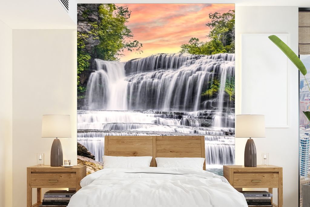 MuchoWow Fototapete für Wohnzimmer oder Schlafzimmer Wandtapete Vinyl Motivtapete Wasserfall - Wasser - Steine - Pflanzen - Natur - 195x260 cm -...