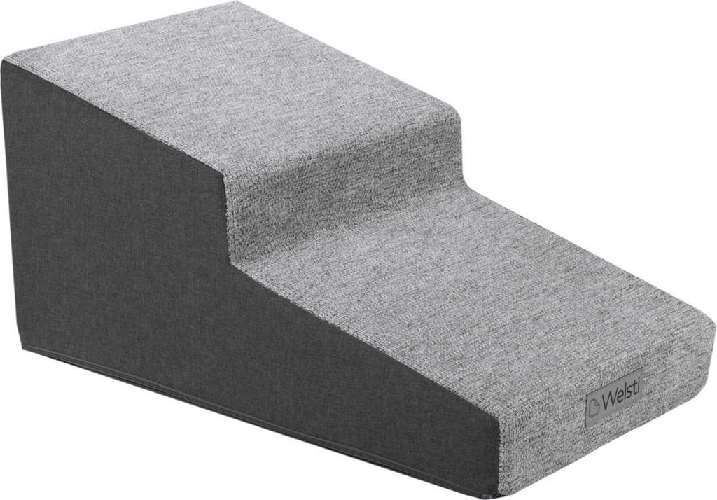 A gray, two-step pet ramp is shown against a white background.