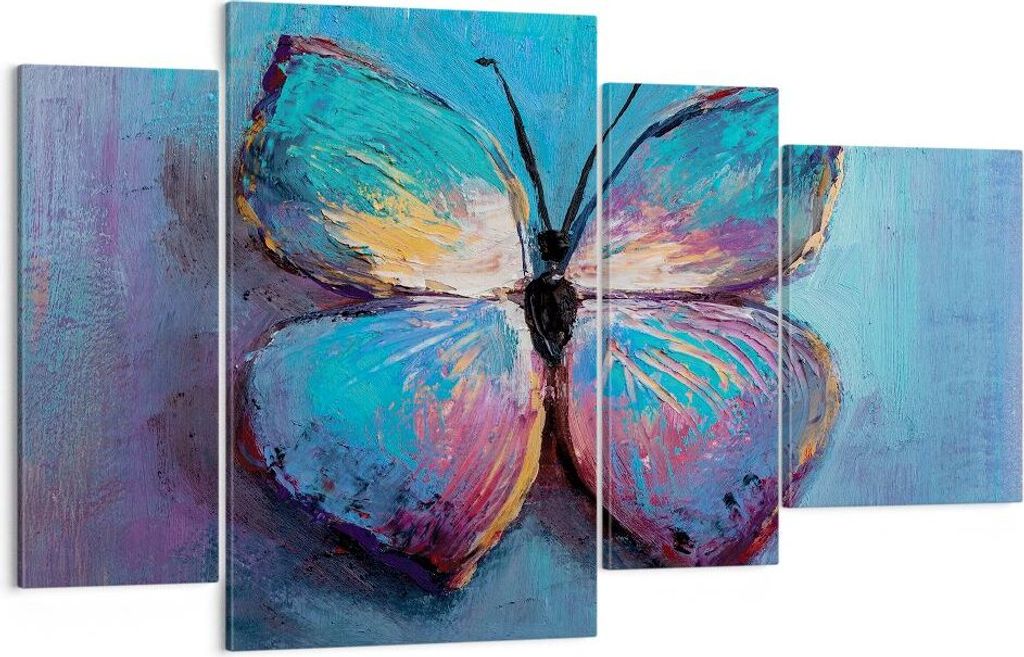 Bild auf Leinwand - Leinwandbild - 4 Teile - Handschriftlich Schmetterling Blau - 120x70cm - Wand Bild - Wanddeko - Wandbilder - Leinwanddruck - Bi...