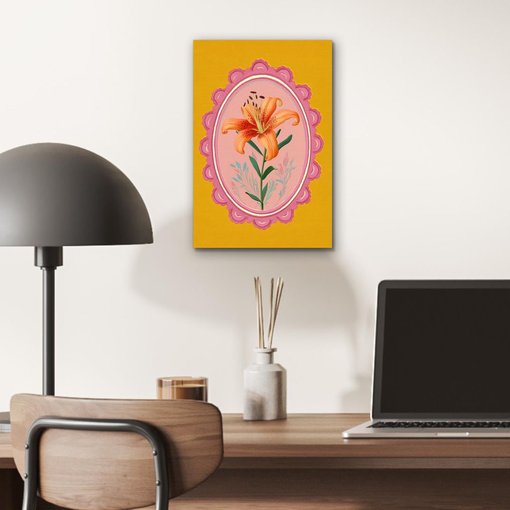 MuchoWow Wanddekoration Metall Metallbild Wandkunst 20x30 cm Lilie - Orange - Rahmen - Oval MuchoWow Aluminium Gemälde - Alu Dibond Bild