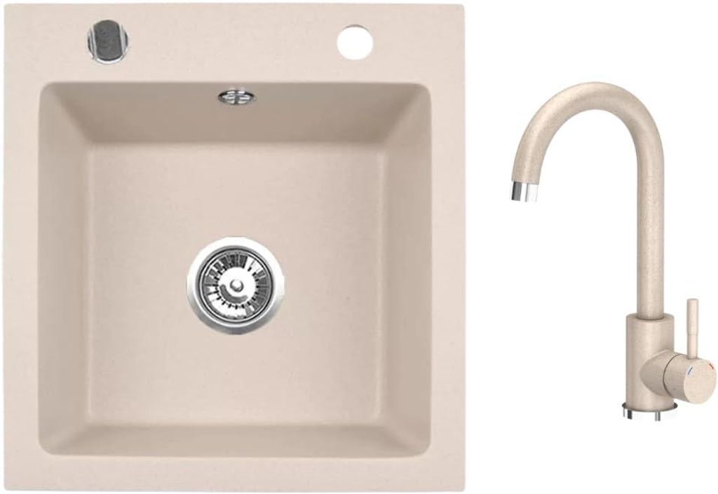 VBChome Granitspüle 50 x 48 cm Beige mit Armatur Einzelbecken Einbauspüle Gesprenkelt Pflegeleichtes Spülbecken mit Siphon Ideal für kleine Kü...