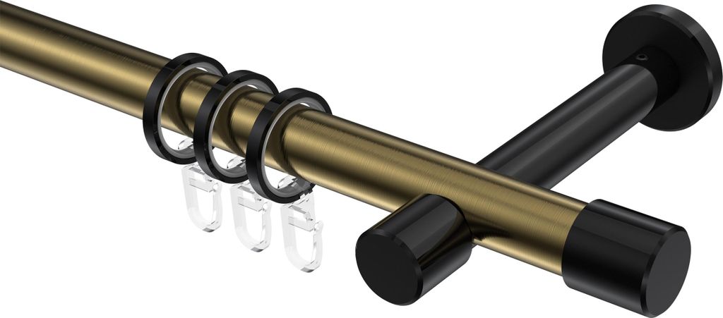 Interdeco Gardinenstange / Vorhangstange Messing Antik / Schwarz, Typ Prestige Santo (Kappe), 20 mm Ø 1-läufig, 260 cm