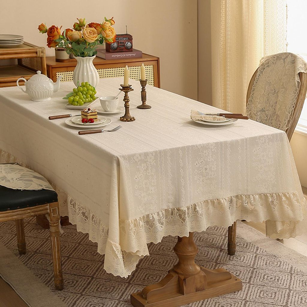 Vintage-Tischdecke aus Rüschenspitze, waschbar, rustikal-französisch bestickt, ideal für Geburtstage, Hochzeiten, Buffets und Partys.