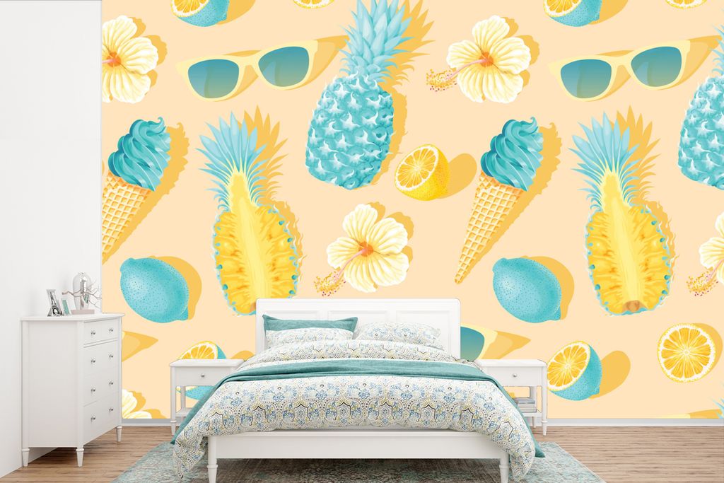 MuchoWow Fototapete für Wohnzimmer oder Schlafzimmer Wandtapete Vinyl Motivtapete Sommer - Muster - Gelb - 600x400 cm - Vinyltapeten