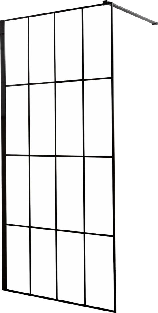 Kerra Techno 90 Walk-In Duschkabine 95–96 × 88,5–91,5 × 200 cm – 8 mm ESG Glas, Schwarz Matt, transparent mit schwarzem Gittermuster