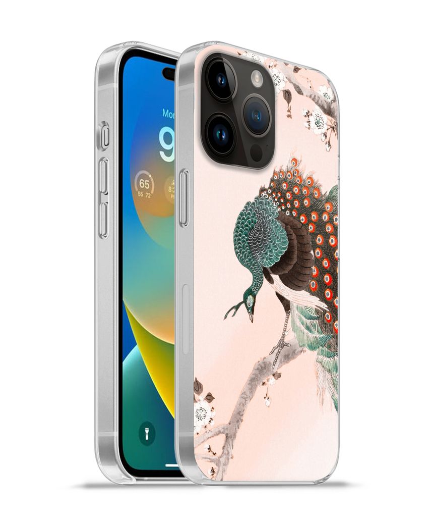 MuchoWow Handyhülle Schutzhülle Hülle für Apple iPhone 14 Pro Max Blüte - Pfau - Federn - Japandi Silikon Softcase Handy Hülle - Hardcover