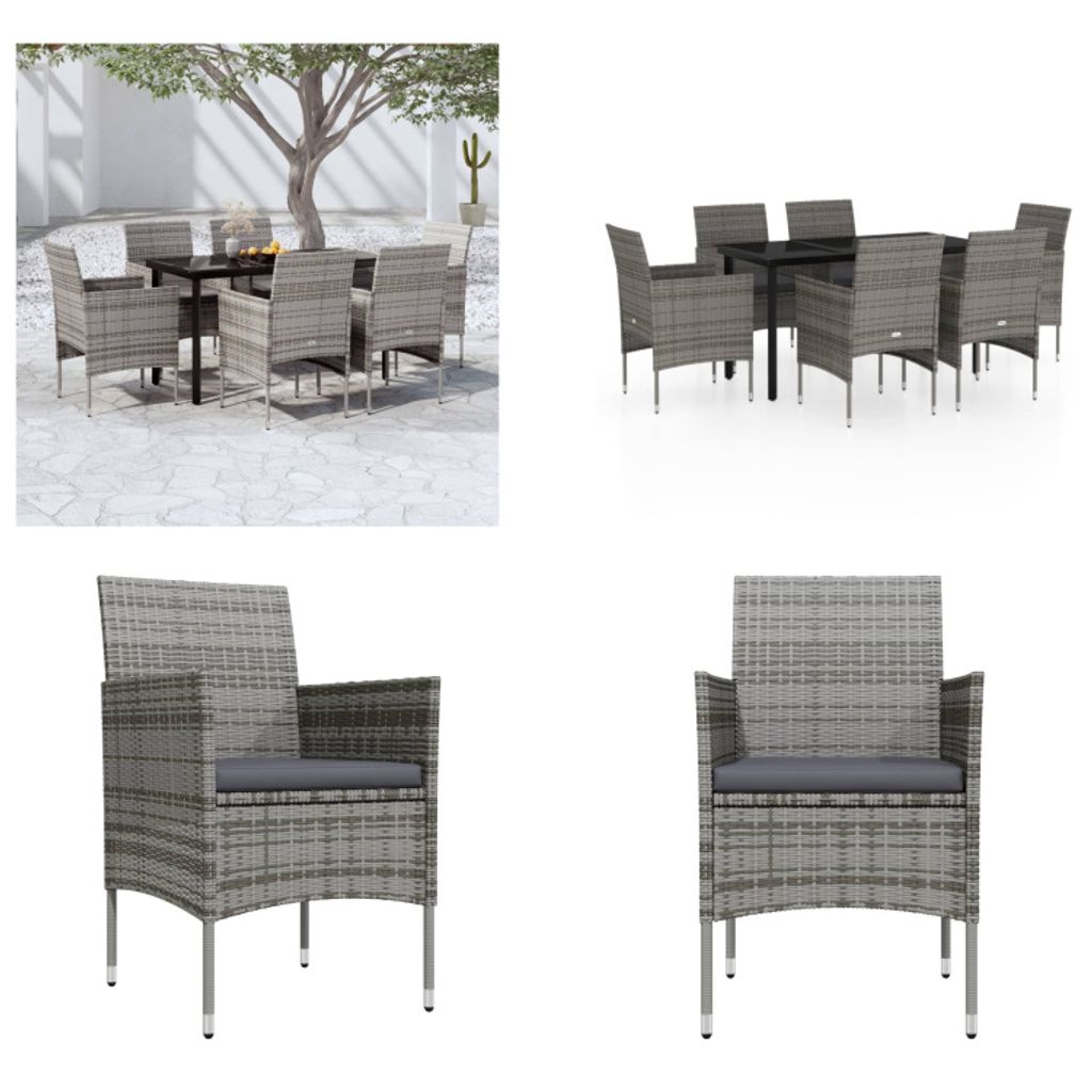 vidaXL 7 tlg. Garten Essgruppe mit Kissen Grau und Schwarz - Garten Essgruppe - Garten Essgruppen - Gartenmöbel Set - Garten Möbelset