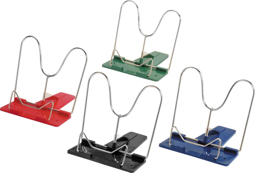 Four book stands in different colors are displayed against a white background.