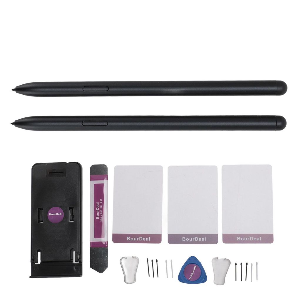 A collection of stylus pens and accessories laid out on a white background.