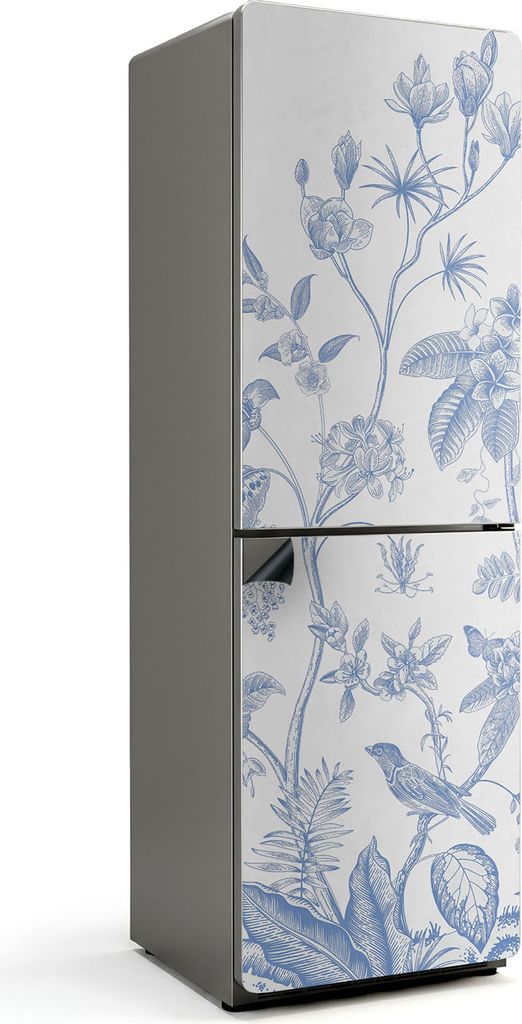 Blumenillustration mit Vögeln – Magnetische Kühlschrank Abdeckung – Dekorfolie magnetisch Küche – Kühlschrank Magnet Deko – selbstklebe...