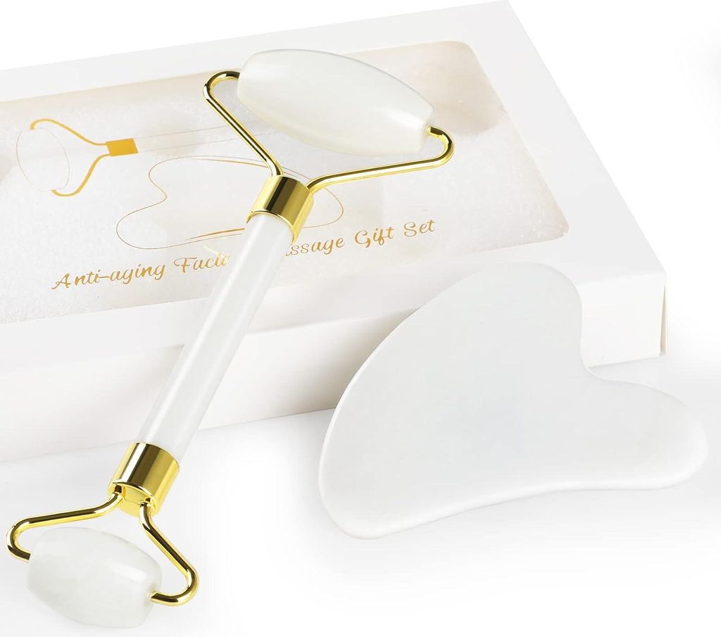 Jade Roller Set,GeeRic Gua Sha und Gesichtsroller Tool,natürlicher Grüner Jade Roller Massageroller, Gua sha Stein & Gesichtsroller,Verbesserung ...