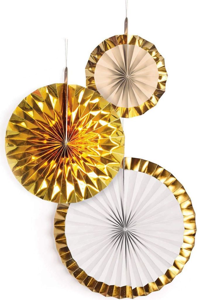 Amscan 9904628 - Dekofächer Gold Brush, 3 Stück, Papier, Größen circa 18 / 30 / 38 cm, Dekoration