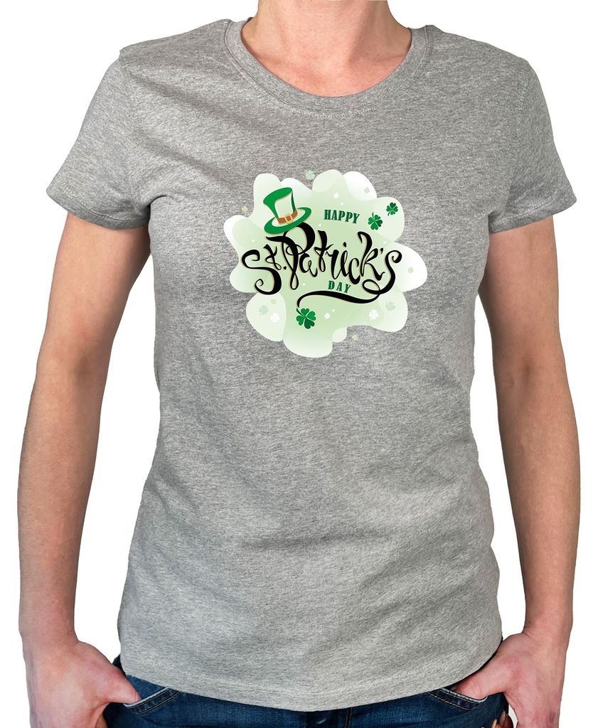 Huuraa Damen T-Shirt Happy St. Patrick’s Day Zylinder XL Sport Grey Bio Baumwolle Fairtrade Damenshirt Geschenkidee