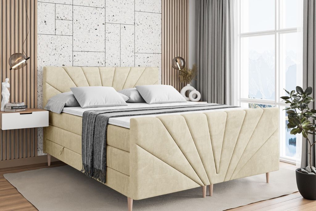 ALTDECOR Boxspringbett mit Holz Füßen, Matratze und Lattenrost, Topper, Fußteil, Polsterbett mit Bettkasten, Bett mit Stauraum H3- und H4- Matra...