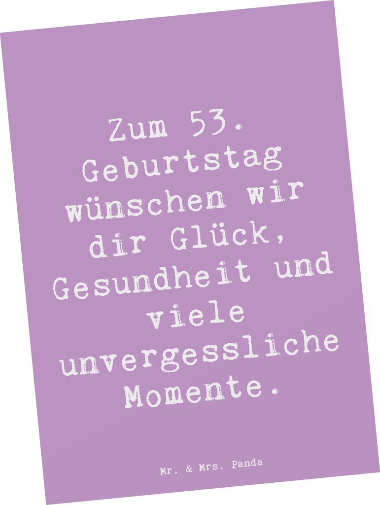 Mr. & Mrs. Panda Postkarte Spruch 53. Geburtstag Glück - Lavendeltraum - Geschenk, Happy Birthday, herzliche Glückwünsche, Geburtstagsgeschenk, ...