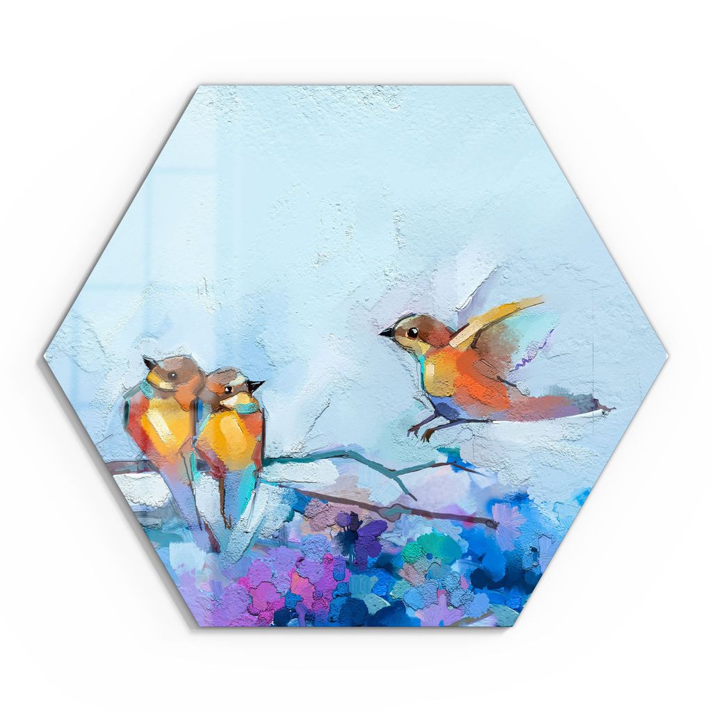 DEQORI Glasbild Echtglas 40x35 cm 'Vier Vögel auf Ast' Wandbild Bild modern Deko