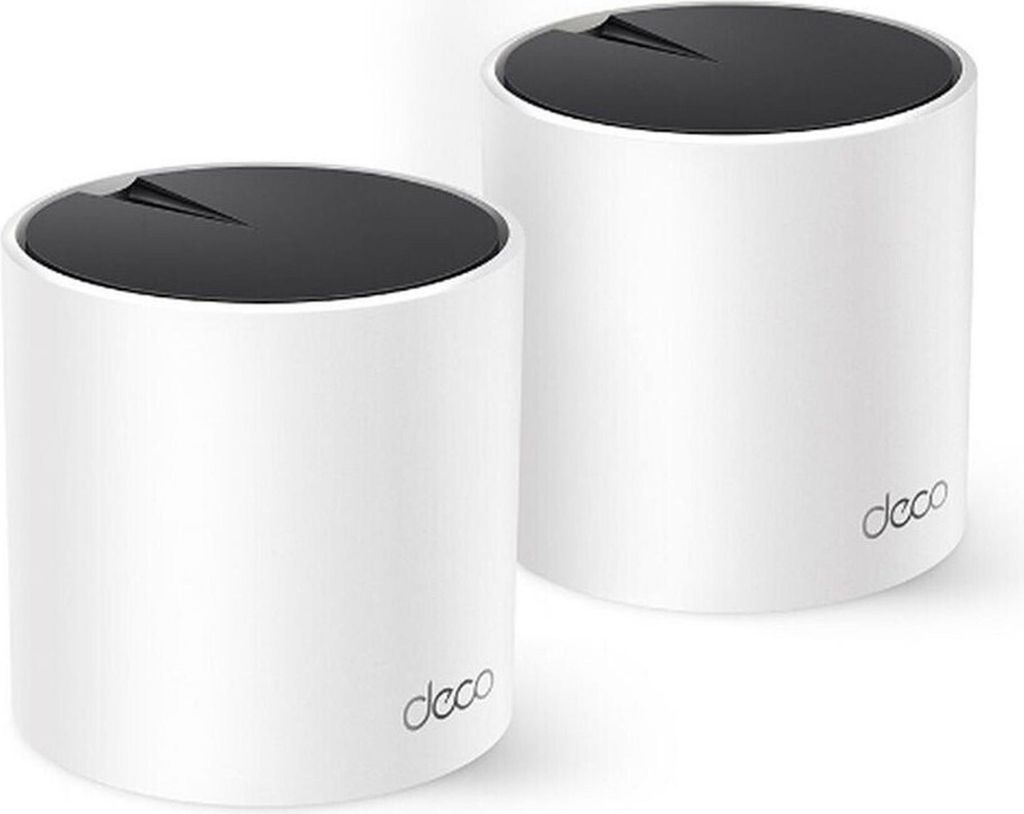 Two white cylindrical devices with black tops, branded 'deco', are shown against a white background.