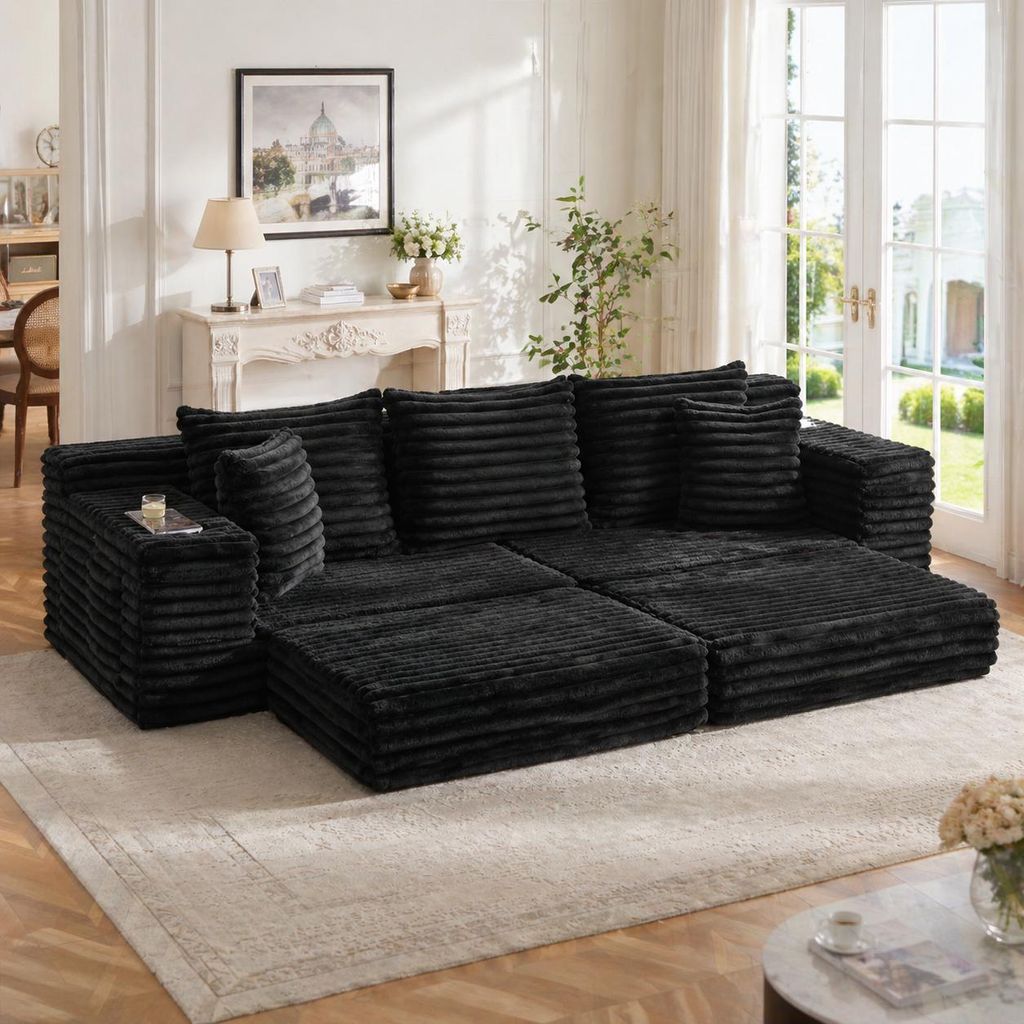 Cordsofa Schwarz Sofa mit Schlaffunktion Hohe Rš¹ckenlehne Couch mit Becherhalter Seitentaschen Polstersofa Modernes Loungesofa Wohnzimmersofa Se...
