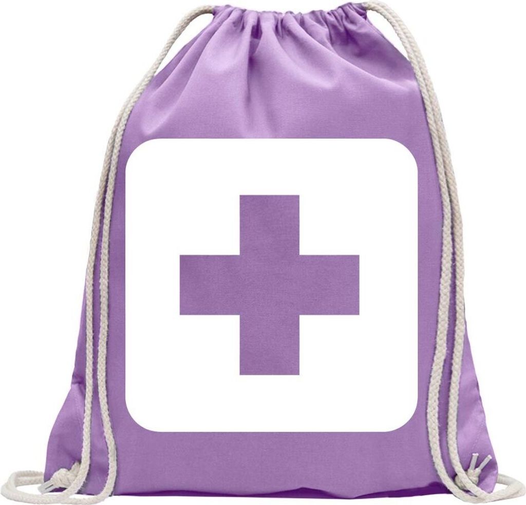 Kiwistar - Turnbeutel - lavendel - Erste Hilfe Stelle Piktogramme - Fun Rucksack Sport Beutel Gymsack Baumwolle mit Ziehgurt