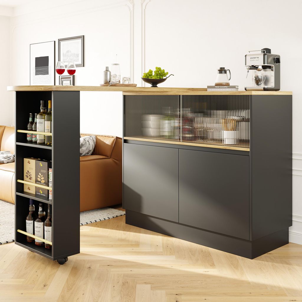 okwish Bartisch Hauptkörper 90 x 45 x 100 cm Moderner ausziehbarer Bartisch Ausziehbarer Esstisch mit Ablageflächen und Glas für Esszimmer,Schwarz