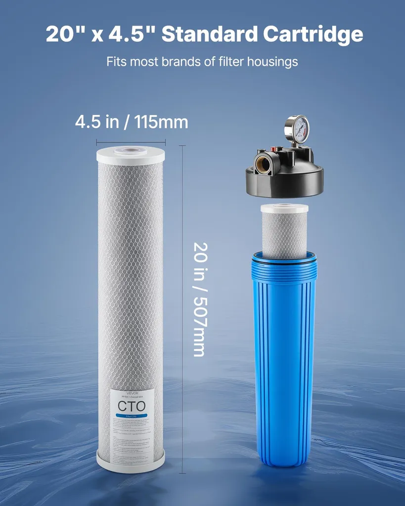 Cartuccia di ricambio VEVOR per il filtro dell'acqua per tutta la casa, 115 x 507 mm blocco di carbone CTO, filtro di ricambio per il sistema di filtraggio dell'acqua a 3 stadi, riduce il cloro, il sapore e l'odore cattivo - 4