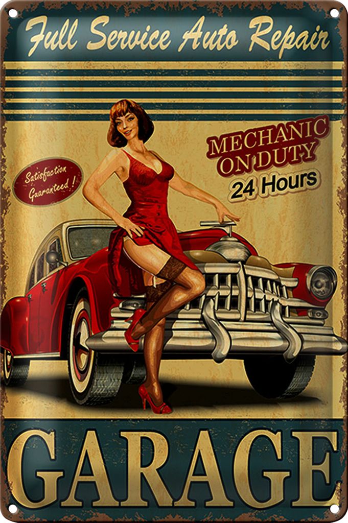 Blechschild Pinup 20x30cm Garage Full Service Auto Repair