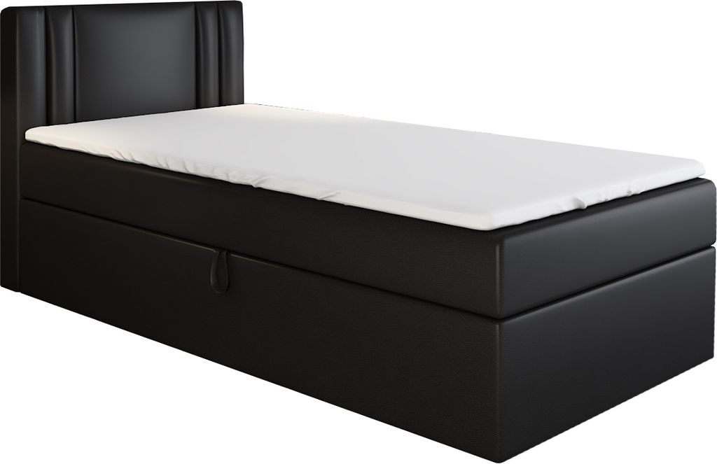 Boxspringbett, Jugendbett GAMAL 90x200 (Links) mit Bettkästen, Bonell-Matratze und Topper. Farbe: Schwarz