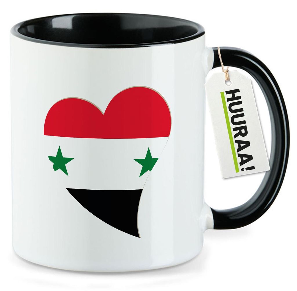 Huuraa Kaffeetasse Syrien Flagge Herz 330ml Schwarz Keramik Kaffeebecher Geschenkidee