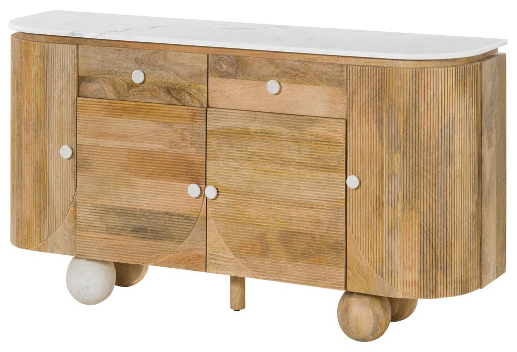 MASSIVMOEBEL24 Sideboard Mango 150x40x80 natur lackiert / Marmor weiß FLORENZ #120
