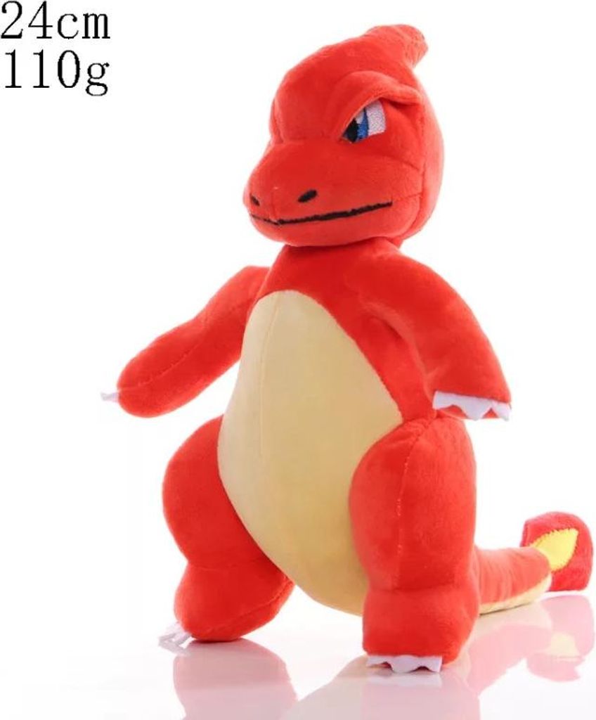 A red plush toy of a Charmander, a Pokémon character, is shown against a white background.
