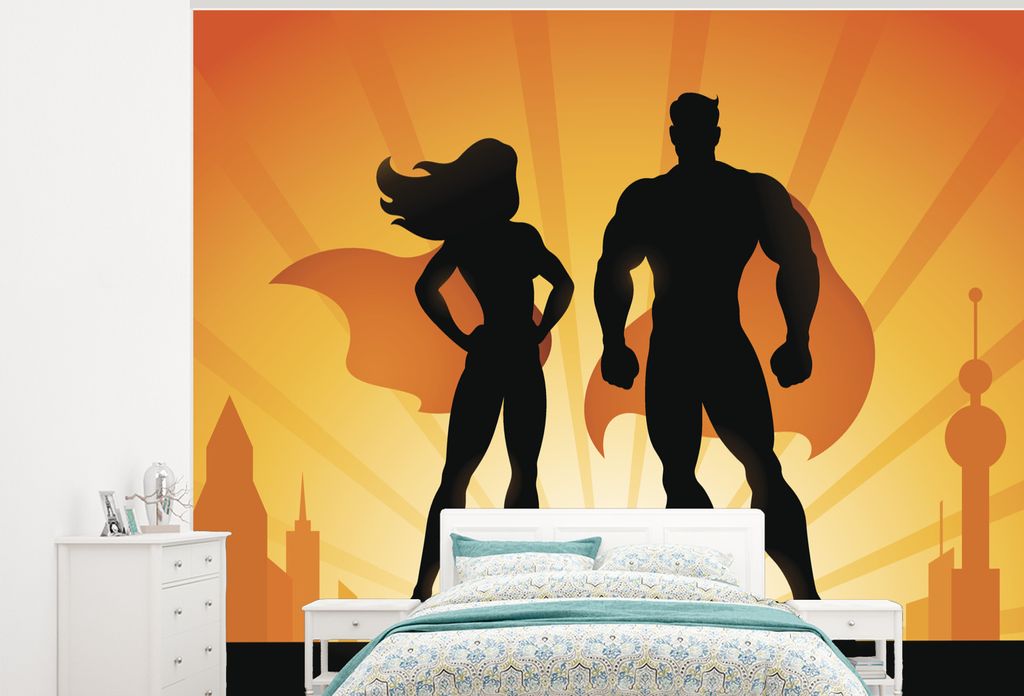 MuchoWow Fototapete für Wohnzimmer oder Schlafzimmer Wandtapete Vinyl Motivtapete Eine Illustration eines Superheldenpaares - Jungen - Junge - K...