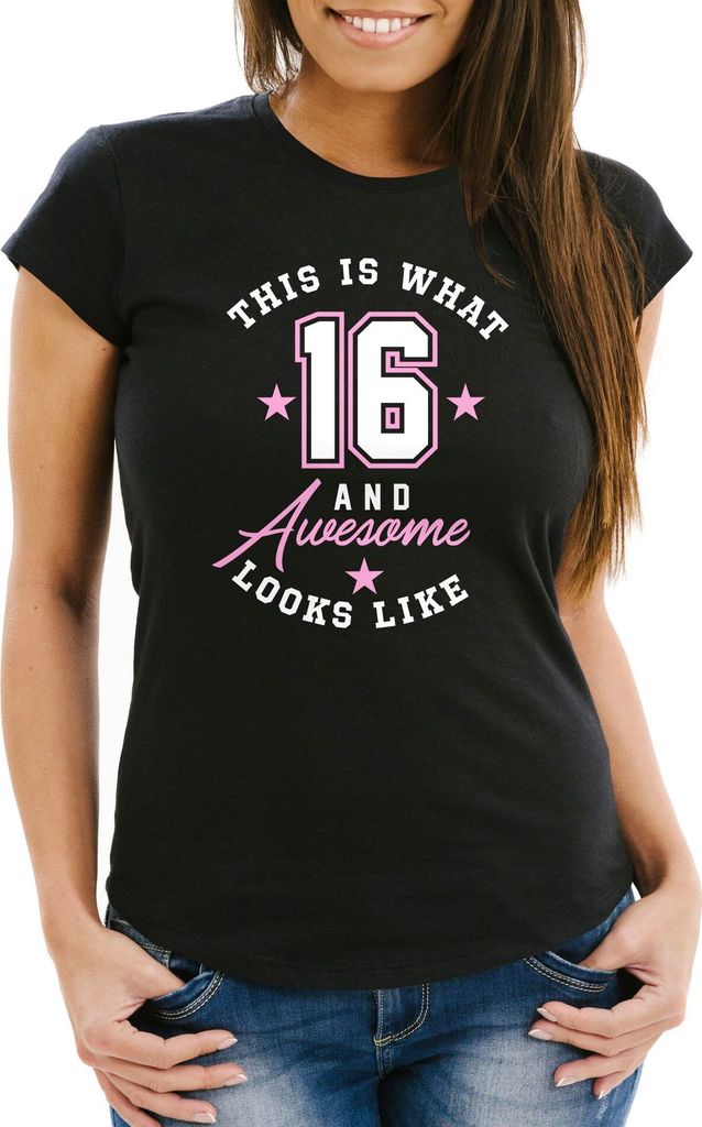 Damen T-Shirt Geburtstag This is what 16 and awesome looks like Sechzehn Geschenk Slim Fit Moonworks schwarz S