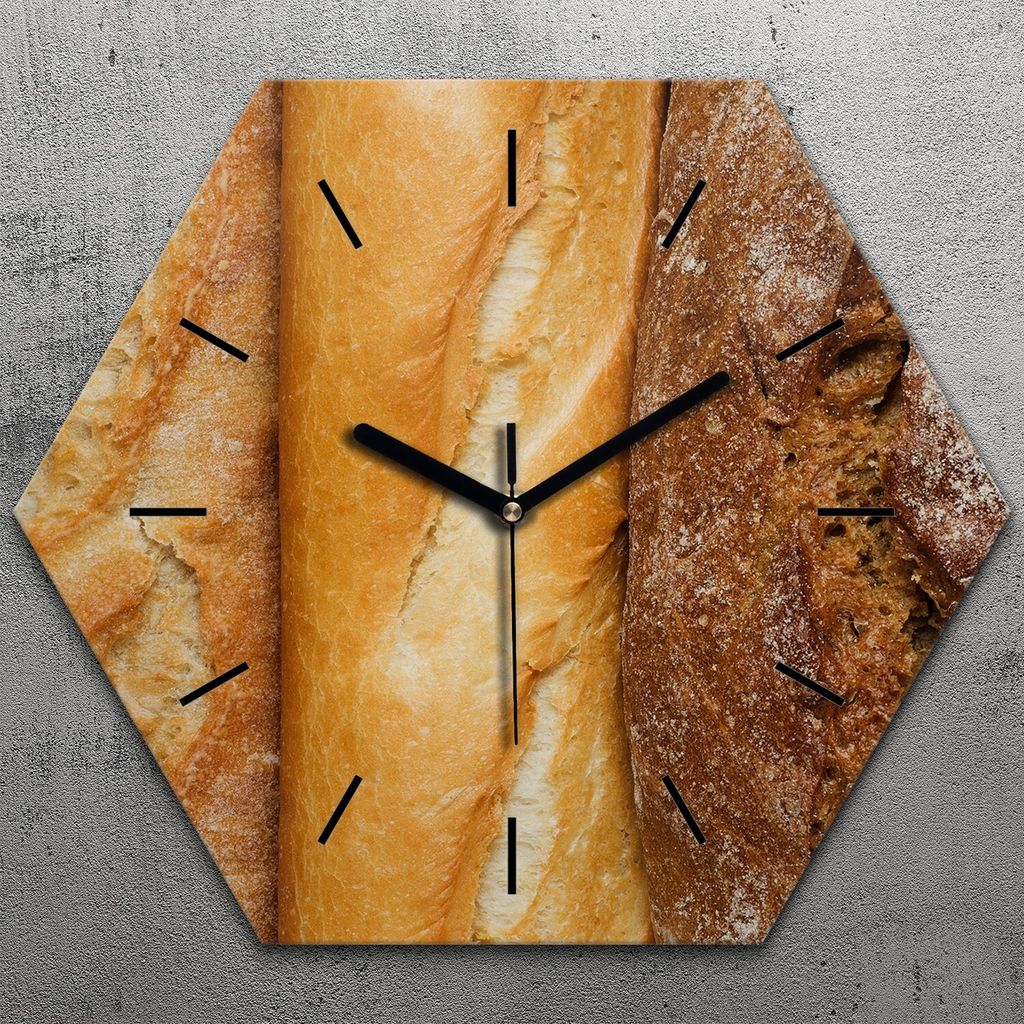 Uhr hexagonal 40 cm Glas Geräuschlos schwarze Zeiger - frisches Brot Lebensmittel
