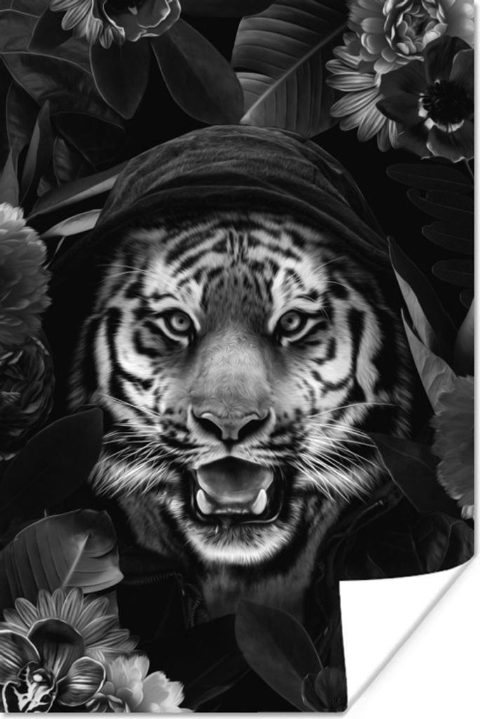 MuchoWow Poster Tiger mit einer Kapuze zwischen den Blumen - schwarz und weiß 40x60 cm - Plakate für die Wand - Poster Babyzimmer