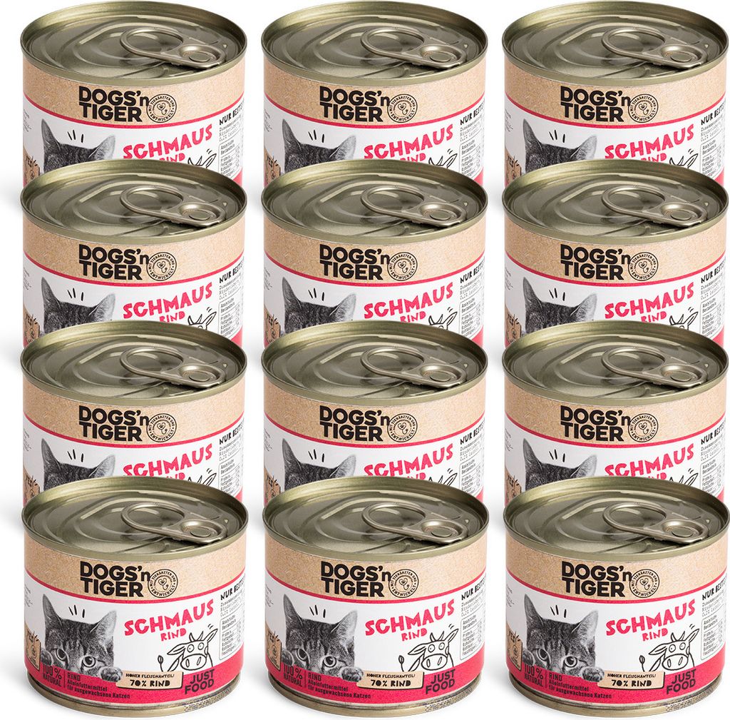 Dogs’n Tiger Adult Premium Katzenfutter Schmaus, Nassfutter, Getreidefrei, Rind, 12x200g