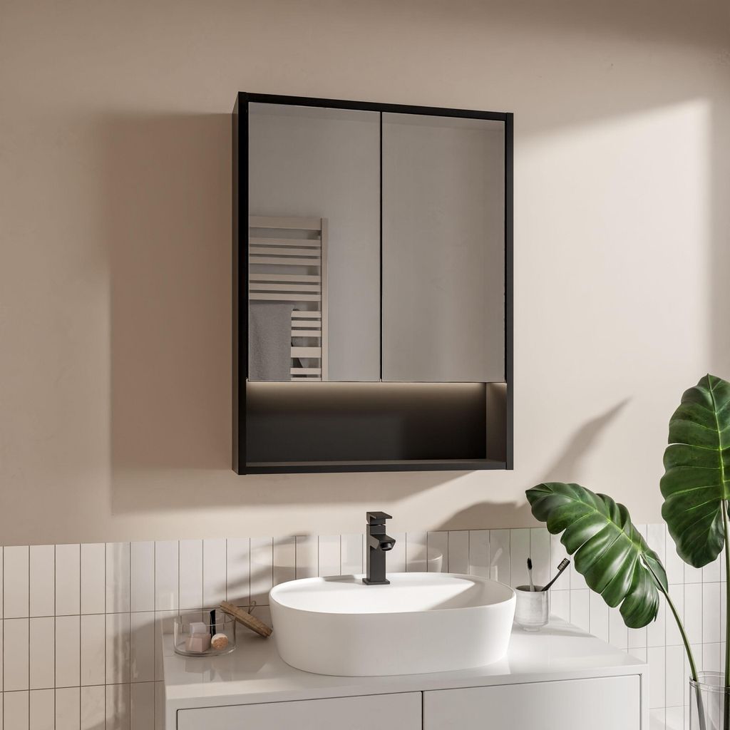 HAJDUK FURNITURE LED Spiegelschrank Bad 60x78 cm Schwarz mit 4000K Beleuchtung Minibox Steckdose & Schalter Hängeschrank Badezimmer