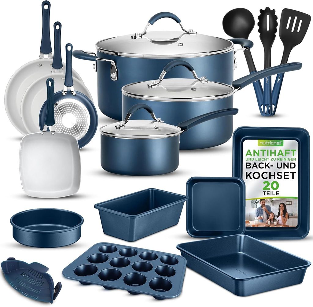 A collection of blue cookware and bakeware items arranged on a white background.