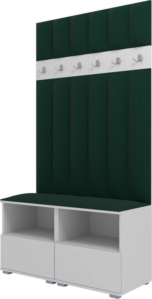 Garderoben-Set Nela III LUX, gepolsterte Garderobe 100 cm mit Sitzbank, Wandpaneelen und Stauraum (Farbe: Weiß + Trinity 28)