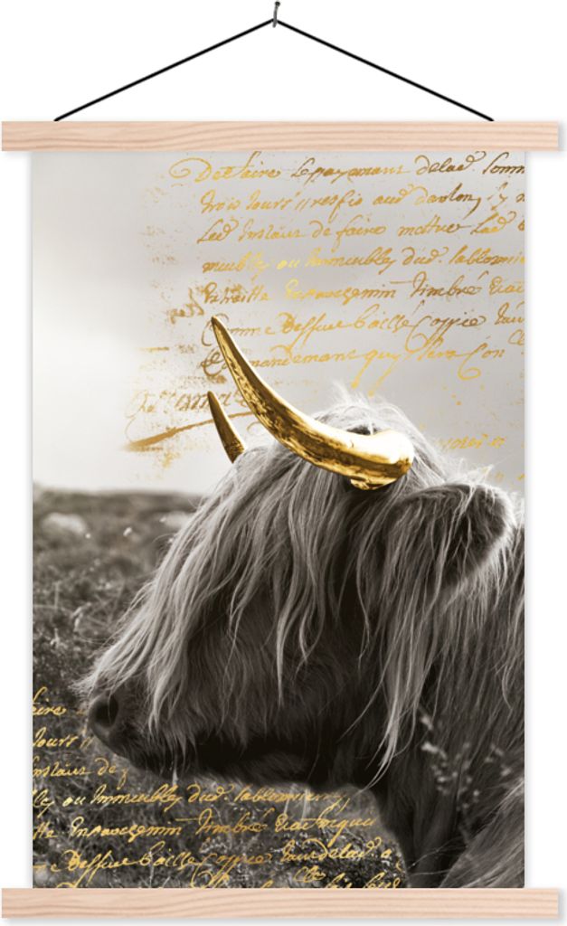 MuchoWow Textilposter Schottisches Hochlandrind - Gold - Text 60x90 cm mit holzfarbenen Rahmen - Textil