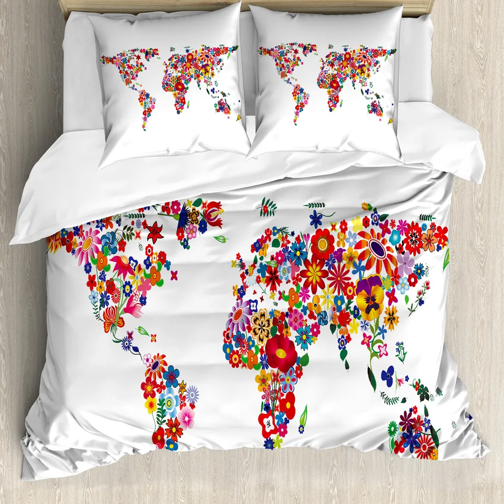 ABAKUHAUS Copripiumino con mappa floreale del mondo, fiori in crescita, antiacaro, adatto a chi soffre di allergie, con federe, 200 cm x 200 cm - 80 x 80 cm, multicolore