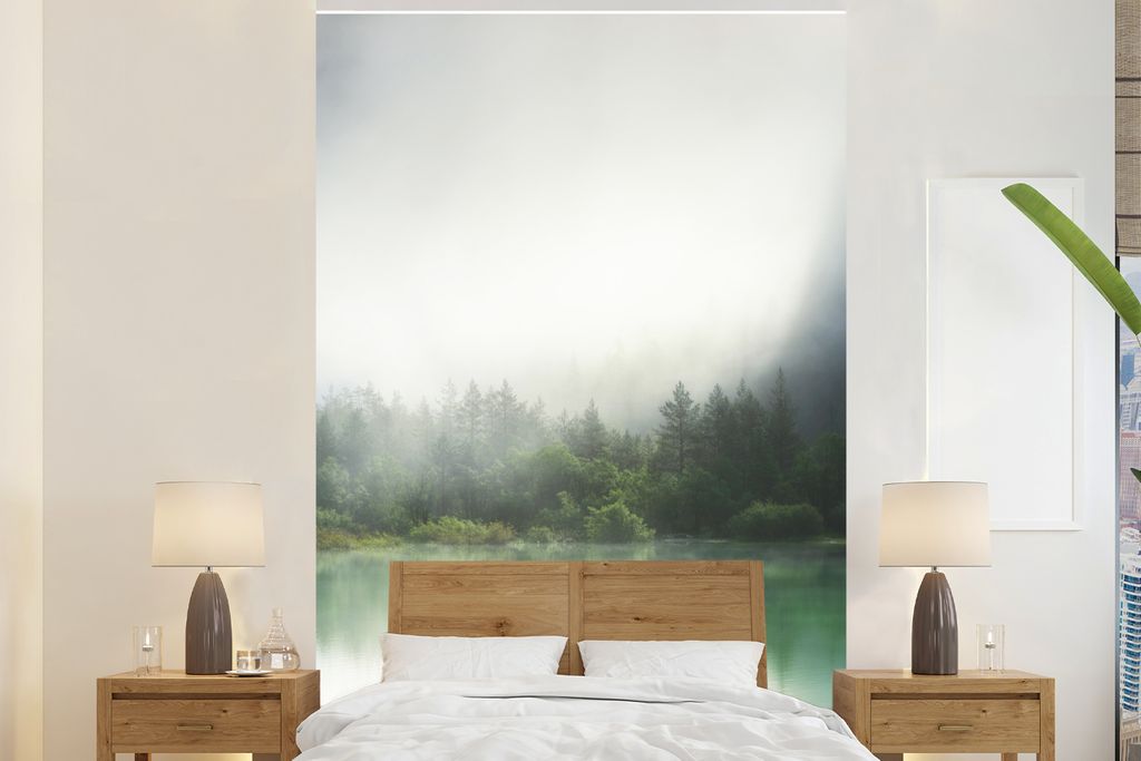 MuchoWow Fototapete für Wohnzimmer oder Schlafzimmer Wandtapete Vinyl Motivtapete Dolomiten - Nebel - Wasser - 225x350 cm - Schlafzimmer tapete