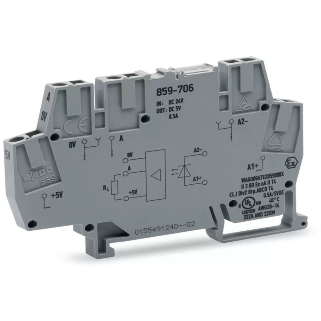 WAGO Optokopplermodul;Eingangsnennspannung DC 24 V;Ausgangsspannungsbereich DC 4 ... 6,25 V;grau 859-706