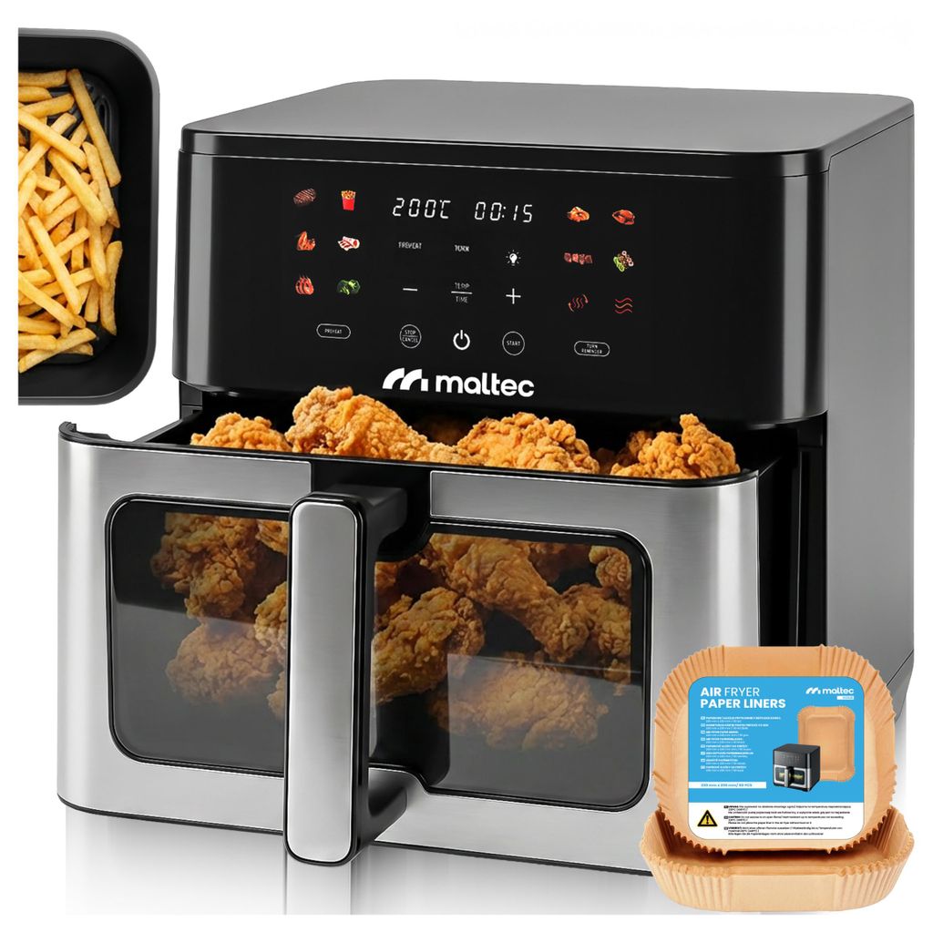 Heißluftfritteuse AirFryer2000W 10L MalTec Kompaktfriteuse Fettfrei Großes Fenster Tablett Schwarz