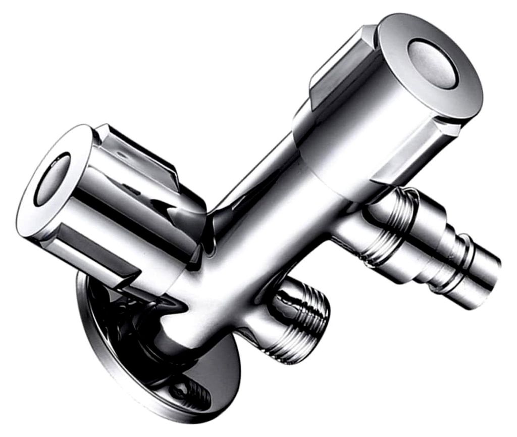 Doppelter Wasserhahn mit zwei Ausgängen aus Edelstahl für Waschmaschine, Spülbecken und Warmwasserbereiter