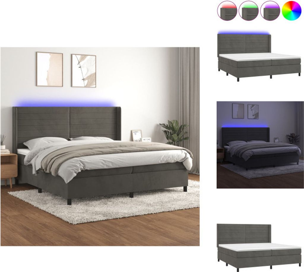 vidaXL Boxspringbett mit Matratze & LED Dunkelgrau 200x200 cm Samt - Betten & Bettgestelle